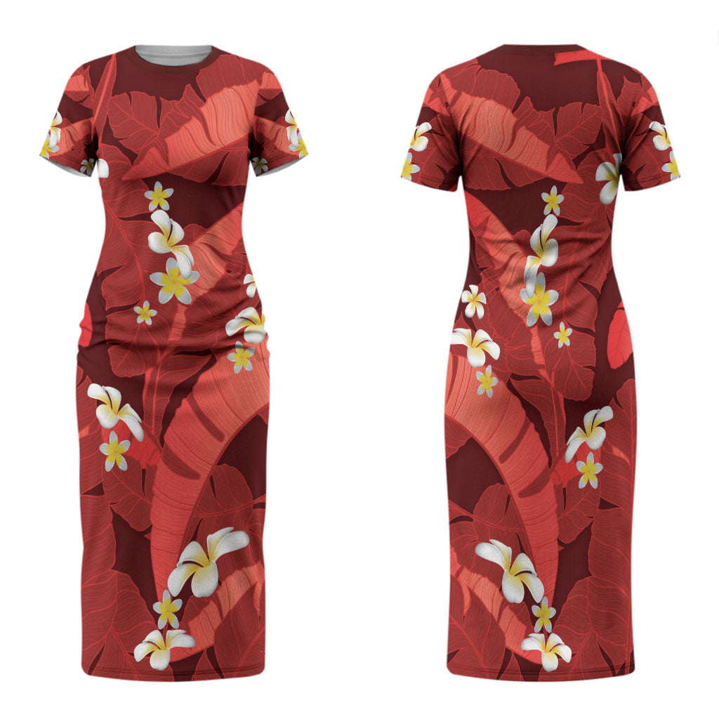 Red Banana Leaf Hawaii Family Matching Short Sleeve Bodycon Dress and Hawaiian Shirt Lau Maia Plumeria Tropical Summer Vibes LT14 Mom's Dress Red - Polynesian Pride