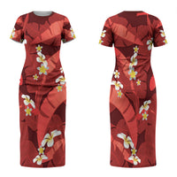 Red Banana Leaf Hawaii Family Matching Short Sleeve Bodycon Dress and Hawaiian Shirt Lau Maia Plumeria Tropical Summer Vibes LT14 Mom's Dress Red - Polynesian Pride