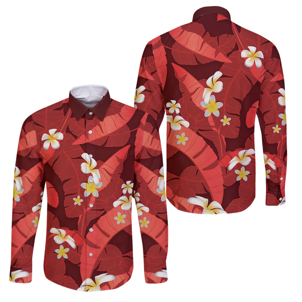 Red Banana Leaf Hawaii Family Matching Short Sleeve Bodycon Dress and Hawaiian Shirt Lau Maia Plumeria Tropical Summer Vibes LT14 Dad's Shirt - Long Sleeve Red - Polynesian Pride