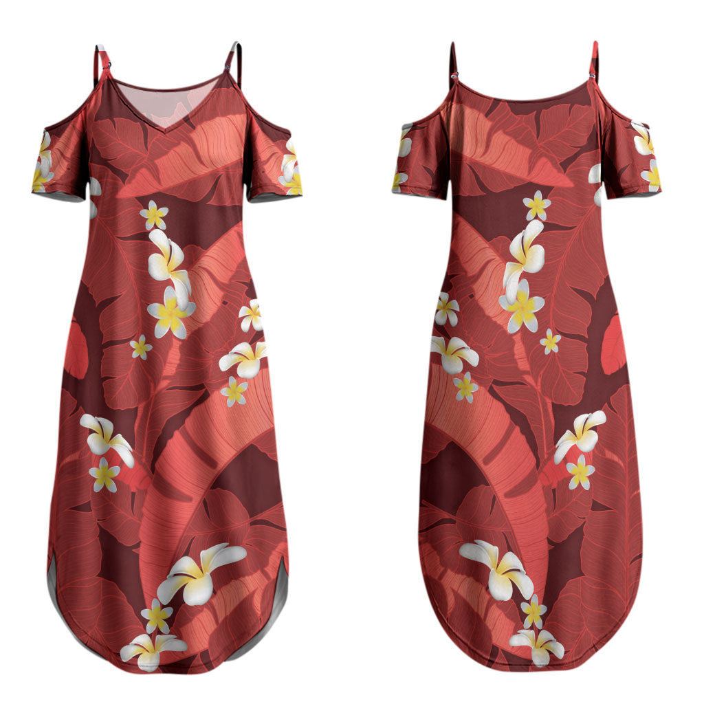Red Banana Leaf Hawaii Family Matching Summer Maxi Dress and Hawaiian Shirt Lau Maia Plumeria Tropical Summer Vibes LT14 Mom's Dress Red - Polynesian Pride
