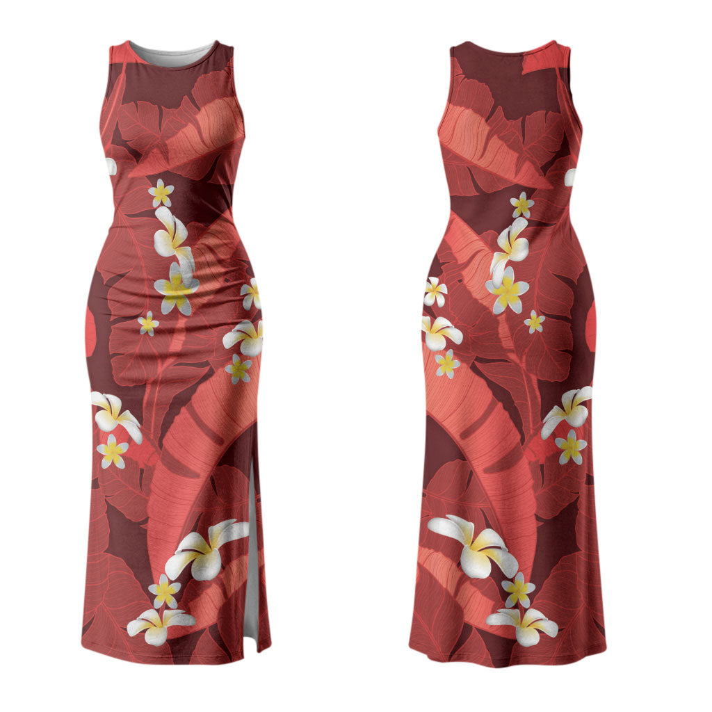 Red Banana Leaf Hawaii Family Matching Tank Maxi Dress and Hawaiian Shirt Lau Maia Plumeria Tropical Summer Vibes LT14 Mom's Dress Red - Polynesian Pride