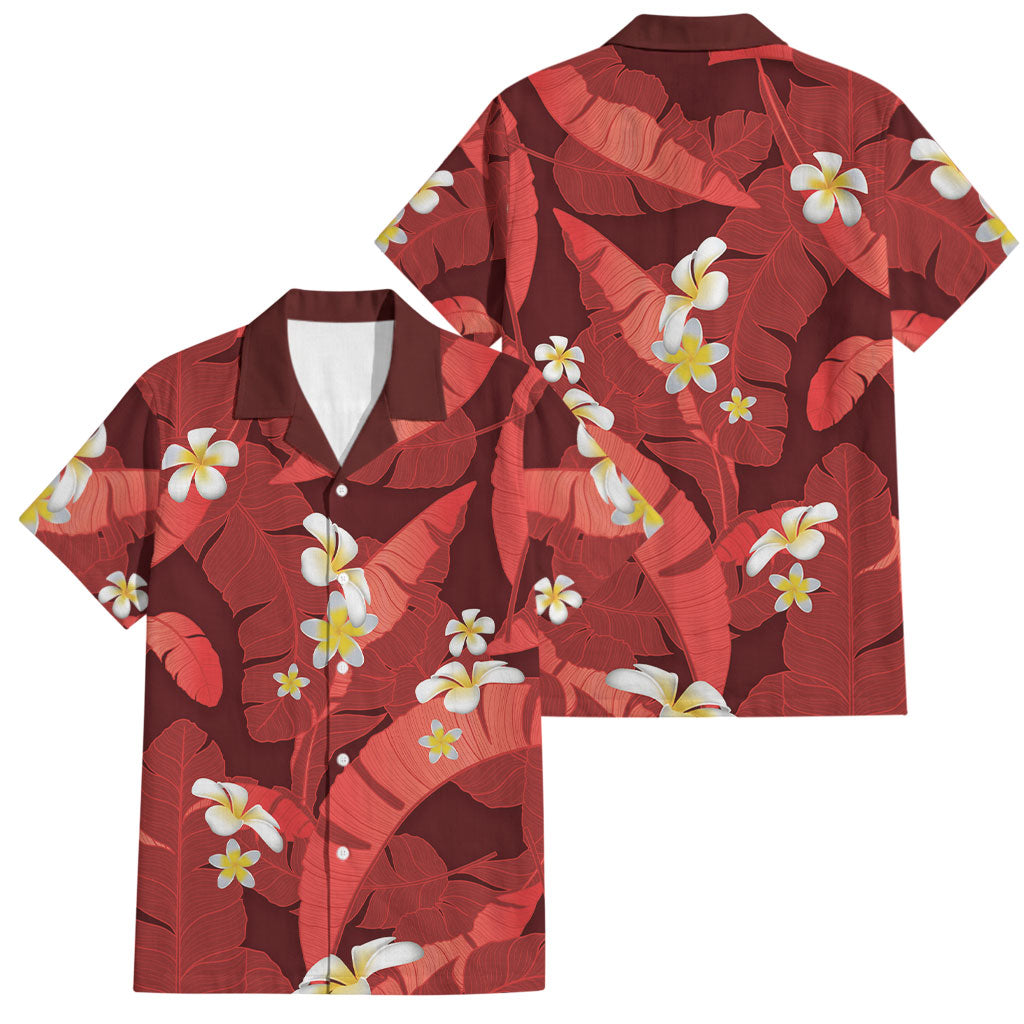 Red Banana Leaf Hawaii Family Matching Tank Maxi Dress and Hawaiian Shirt Lau Maia Plumeria Tropical Summer Vibes LT14 Dad's Shirt - Short Sleeve Red - Polynesian Pride