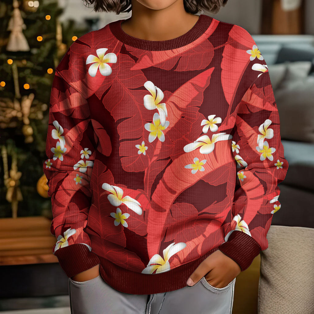Red Banana Leaf Hawaii Kid Ugly Christmas Sweater Lau Maia Plumeria Tropical Summer Vibes