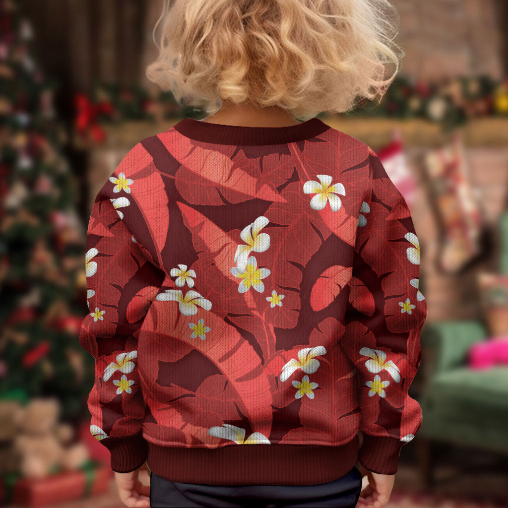 Red Banana Leaf Hawaii Kid Ugly Christmas Sweater Lau Maia Plumeria Tropical Summer Vibes