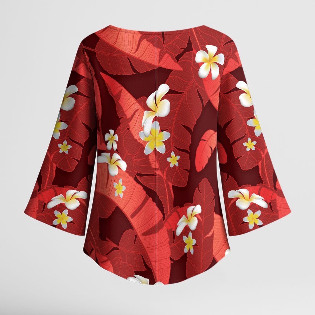 Red Banana Leaf Hawaii Kimono Sleeve Blouse Lau Maia Plumeria Tropical Summer Vibes LT14 - Polynesian Pride