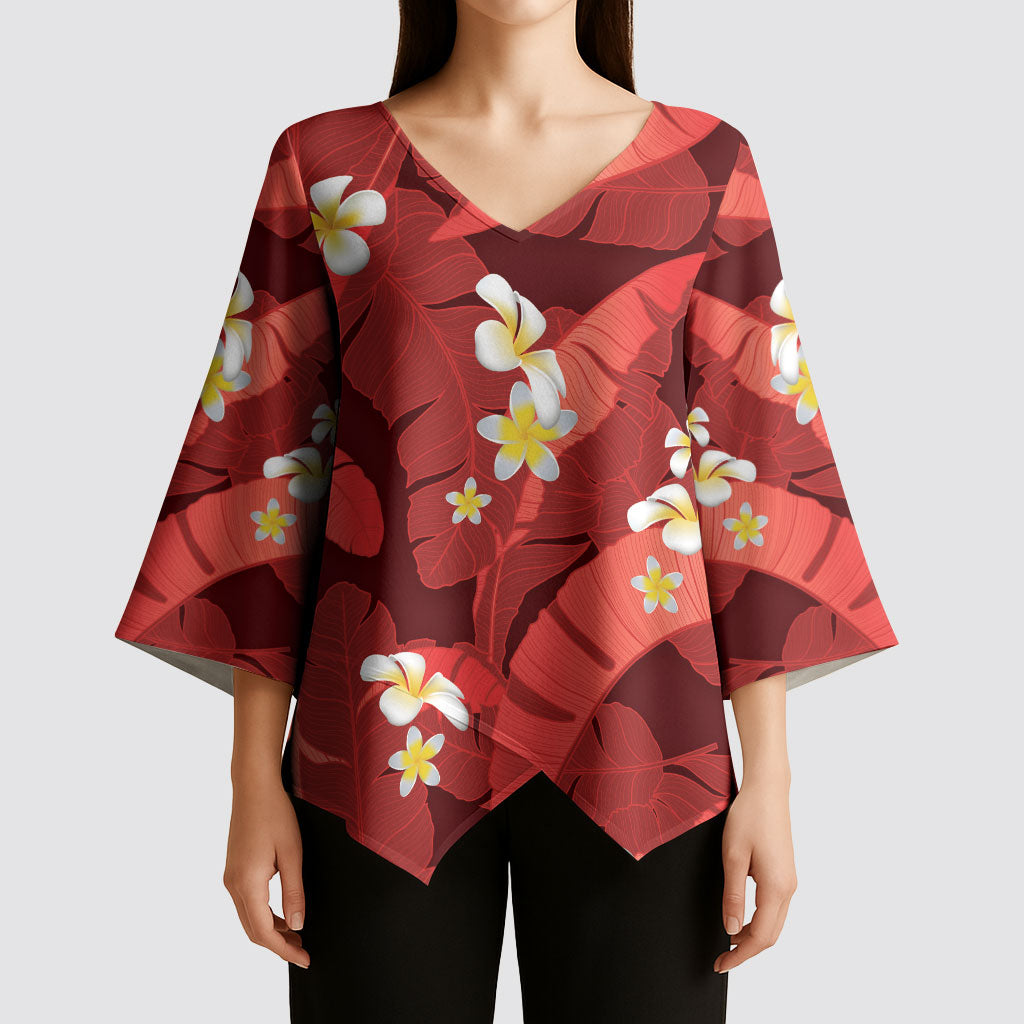 Red Banana Leaf Hawaii Kimono Sleeve Blouse Lau Maia Plumeria Tropical Summer Vibes LT14 - Polynesian Pride