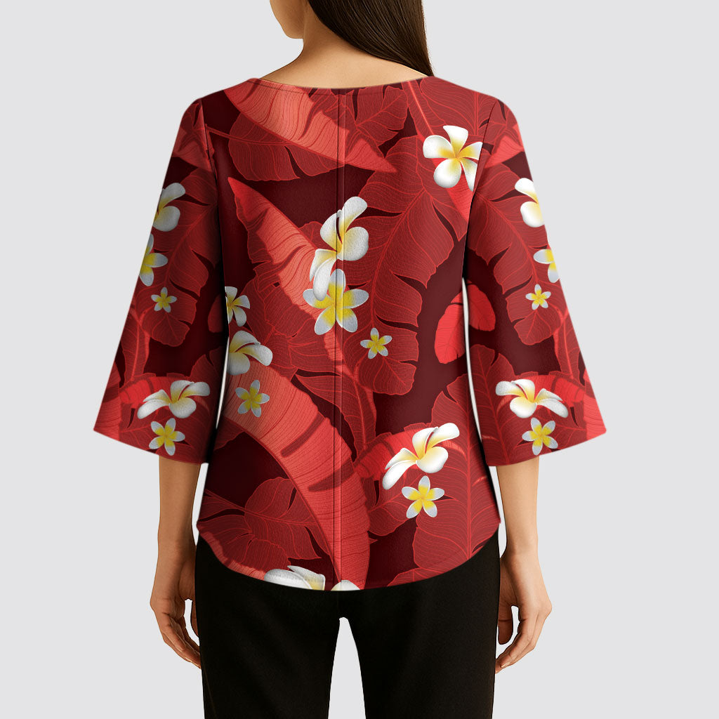 Red Banana Leaf Hawaii Kimono Sleeve Blouse Lau Maia Plumeria Tropical Summer Vibes LT14 - Polynesian Pride