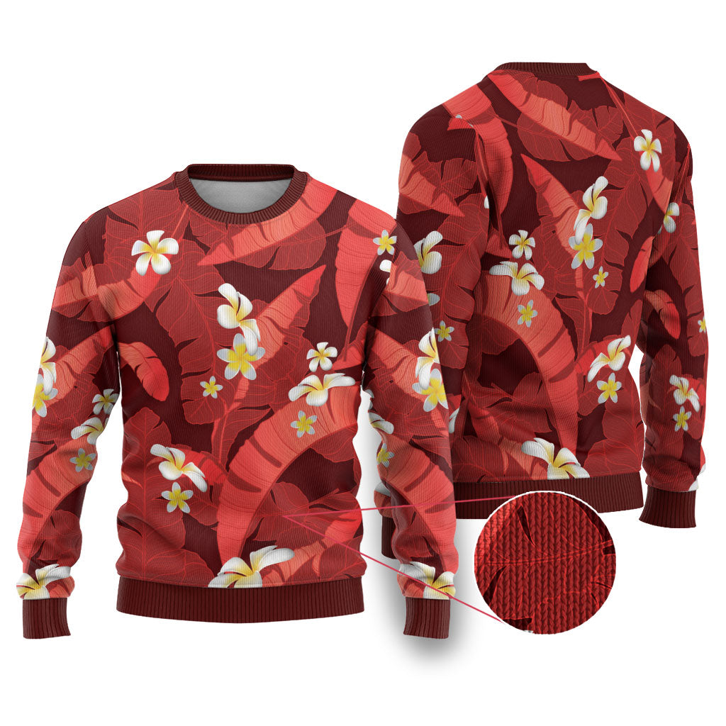 Red Banana Leaf Hawaii Ugly Christmas Sweater Lau Maia Plumeria Tropical Summer Vibes