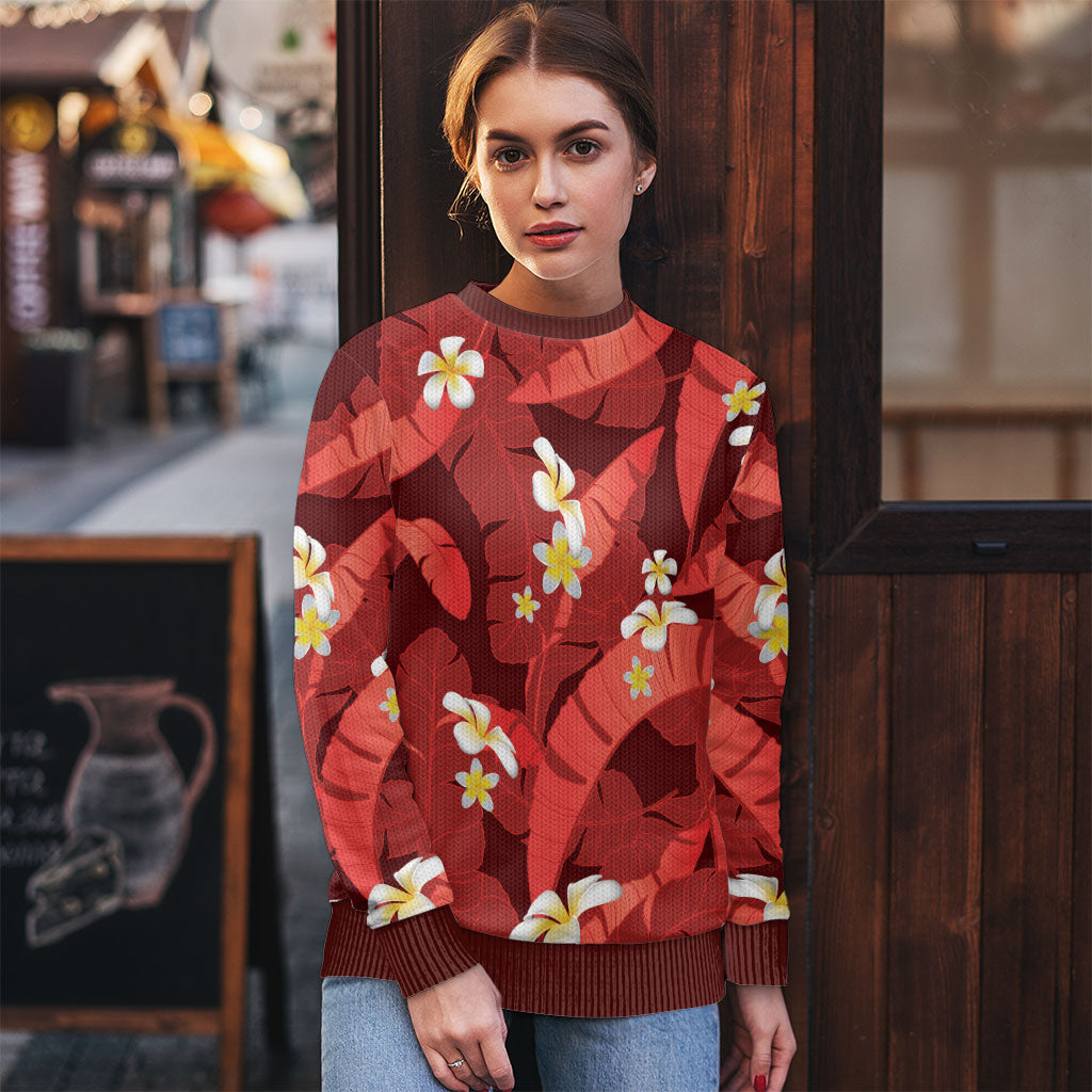Red Banana Leaf Hawaii Ugly Christmas Sweater Lau Maia Plumeria Tropical Summer Vibes