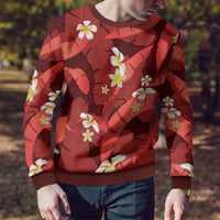 Red Banana Leaf Hawaii Ugly Christmas Sweater Lau Maia Plumeria Tropical Summer Vibes