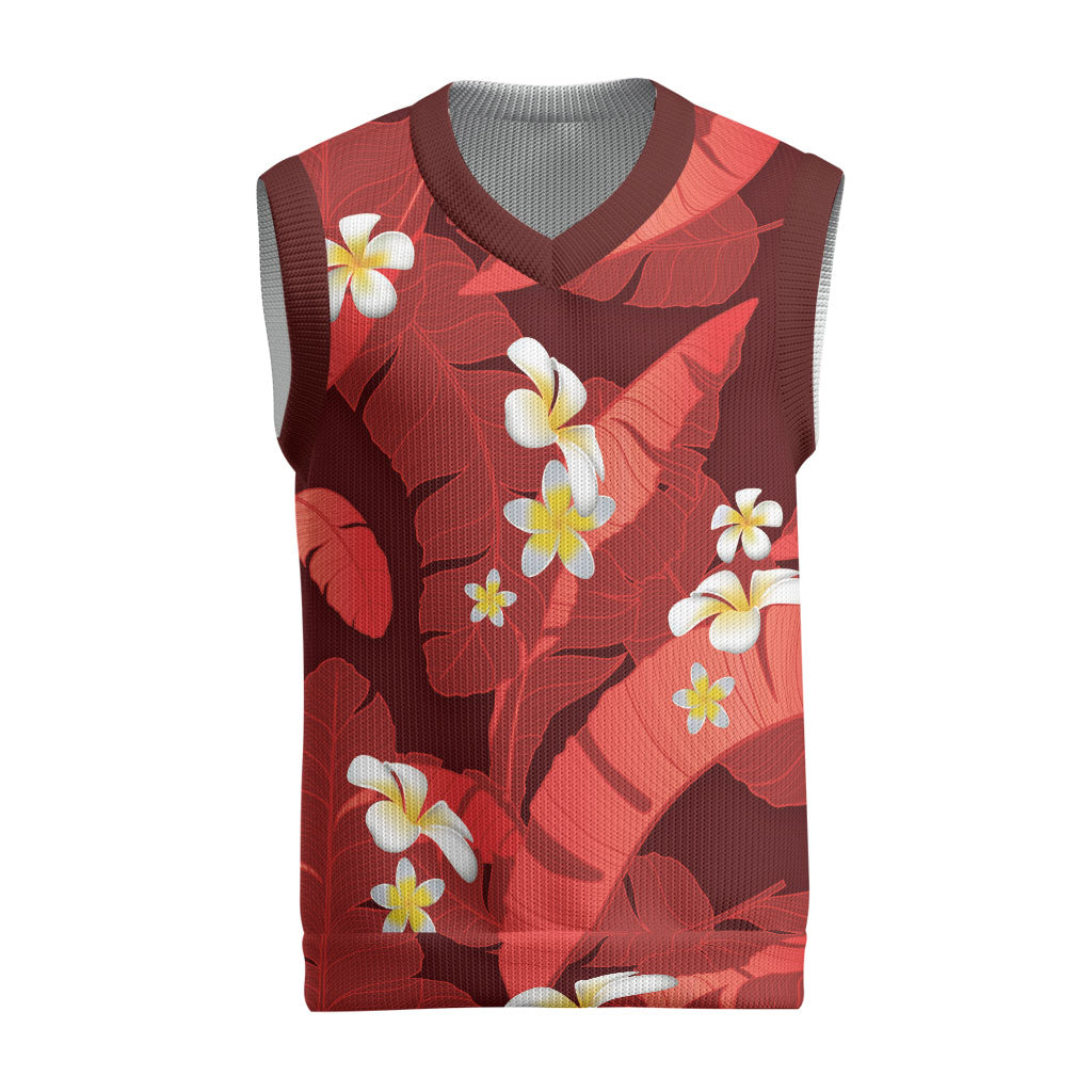 Red Banana Leaf Hawaii Christmas Knitted V-Neck Vest Lau Maia Plumeria Tropical Summer Vibes