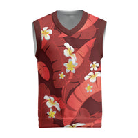 Red Banana Leaf Hawaii Christmas Knitted V-Neck Vest Lau Maia Plumeria Tropical Summer Vibes