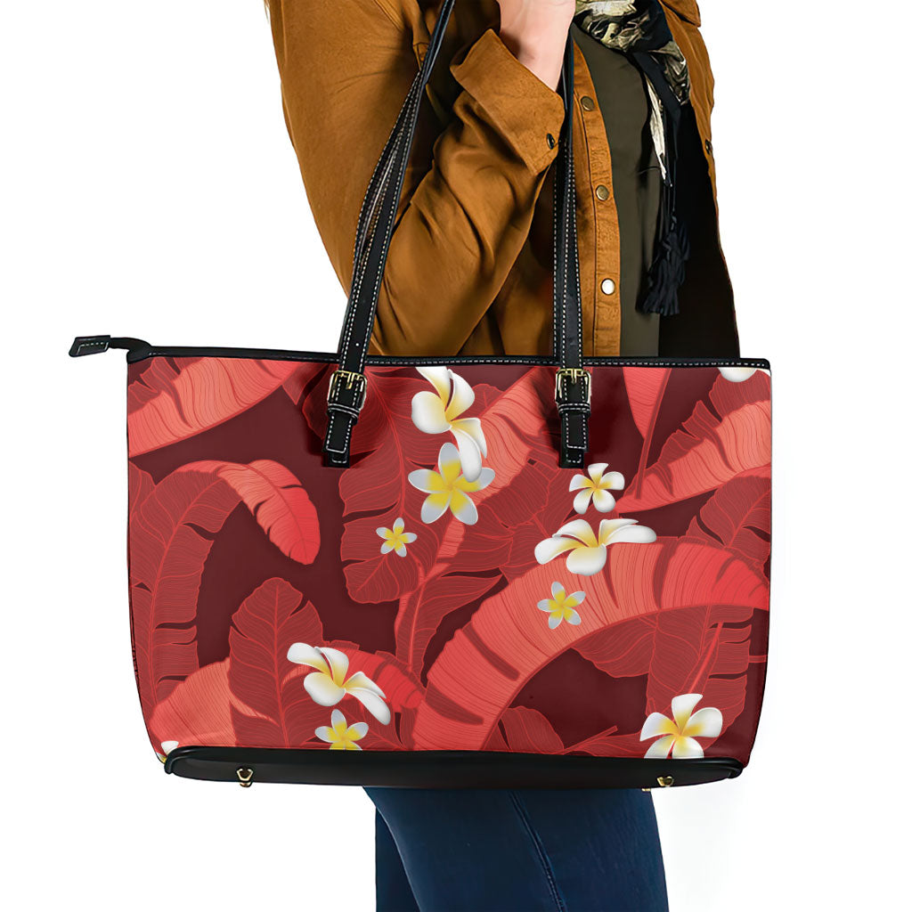 Red Banana Leaf Hawaii Leather Tote Bag Lau Maia Plumeria Tropical Summer Vibes LT14 - Polynesian Pride