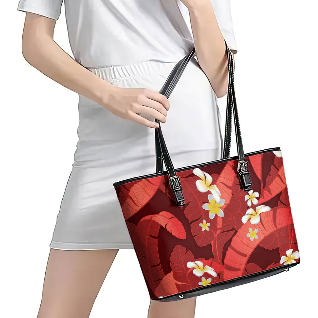 Red Banana Leaf Hawaii Leather Tote Bag Lau Maia Plumeria Tropical Summer Vibes LT14 - Polynesian Pride
