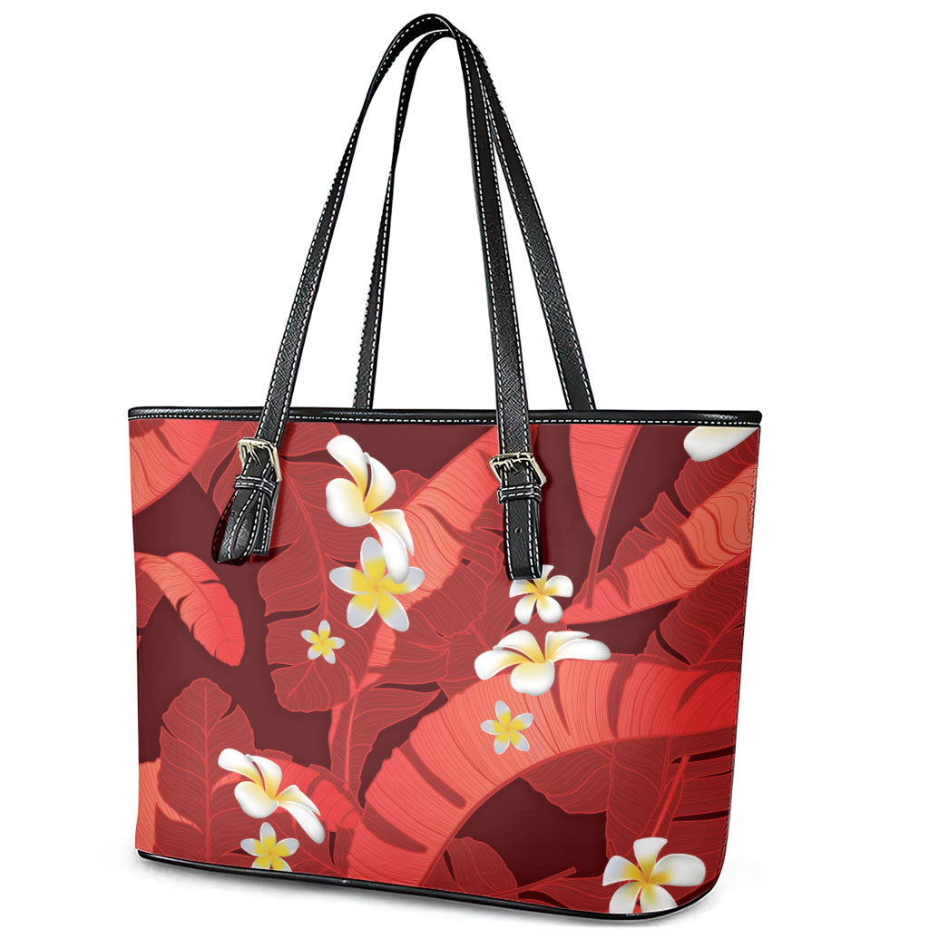 Red Banana Leaf Hawaii Leather Tote Bag Lau Maia Plumeria Tropical Summer Vibes LT14 - Polynesian Pride