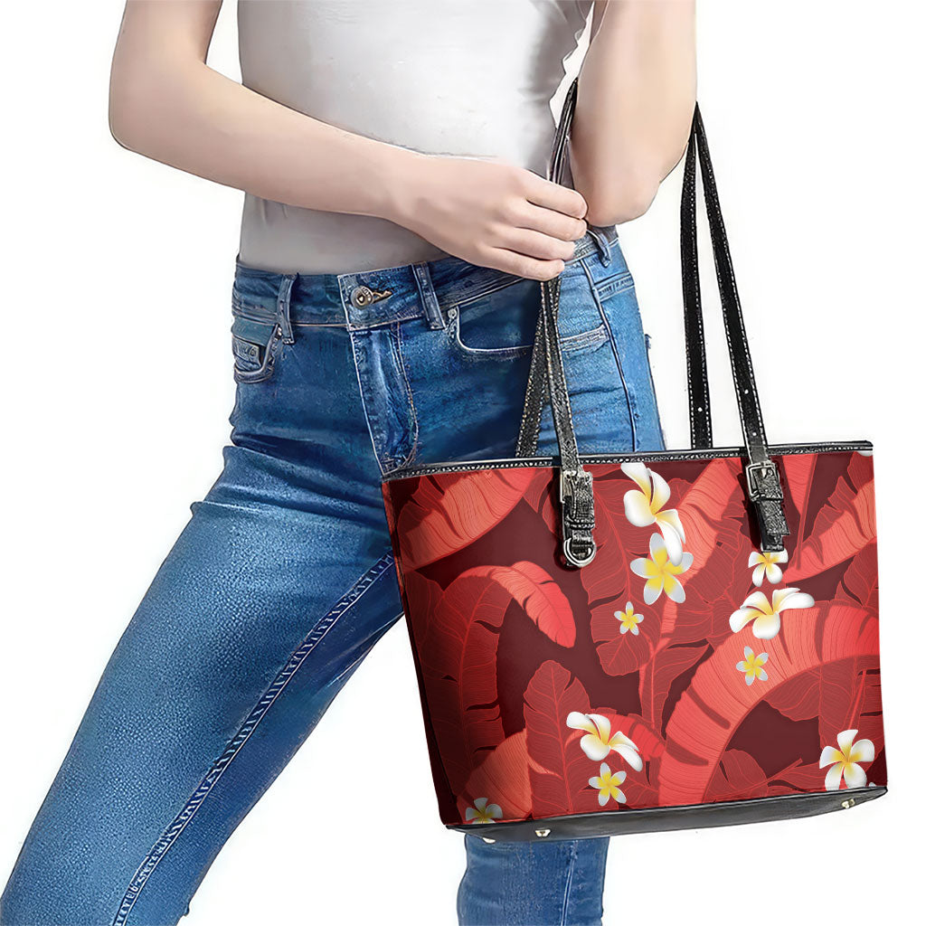 Red Banana Leaf Hawaii Leather Tote Bag Lau Maia Plumeria Tropical Summer Vibes LT14 - Polynesian Pride