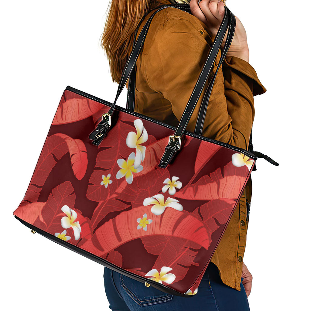 Red Banana Leaf Hawaii Leather Tote Bag Lau Maia Plumeria Tropical Summer Vibes LT14 - Polynesian Pride