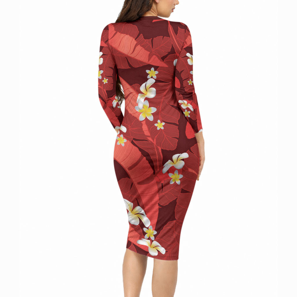 Red Banana Leaf Hawaii Long Sleeve Bodycon Dress Lau Maia Plumeria Tropical Summer Vibes LT14 - Polynesian Pride