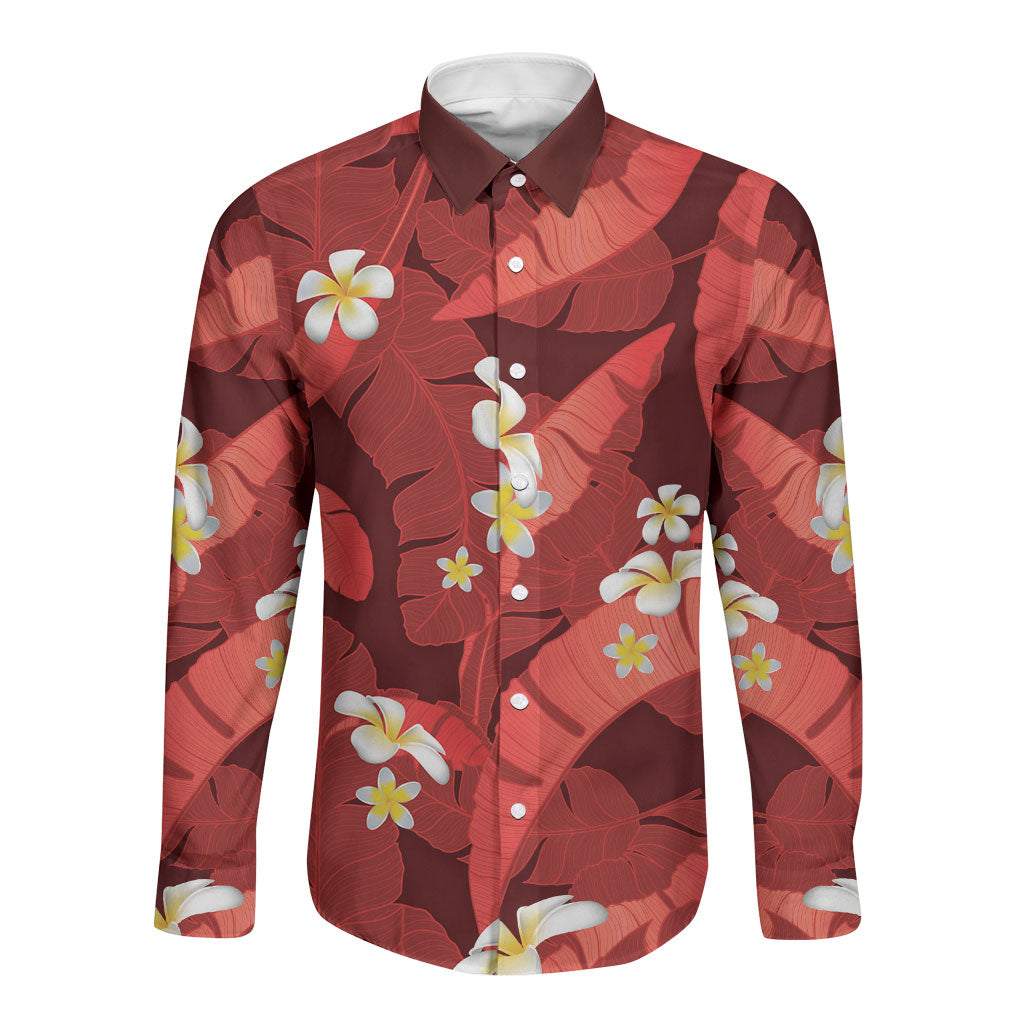Red Banana Leaf Hawaii Long Sleeve Button Shirt Lau Maia Plumeria Tropical Summer Vibes LT14 Unisex Red - Polynesian Pride