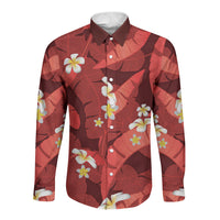 Red Banana Leaf Hawaii Long Sleeve Button Shirt Lau Maia Plumeria Tropical Summer Vibes LT14 Unisex Red - Polynesian Pride