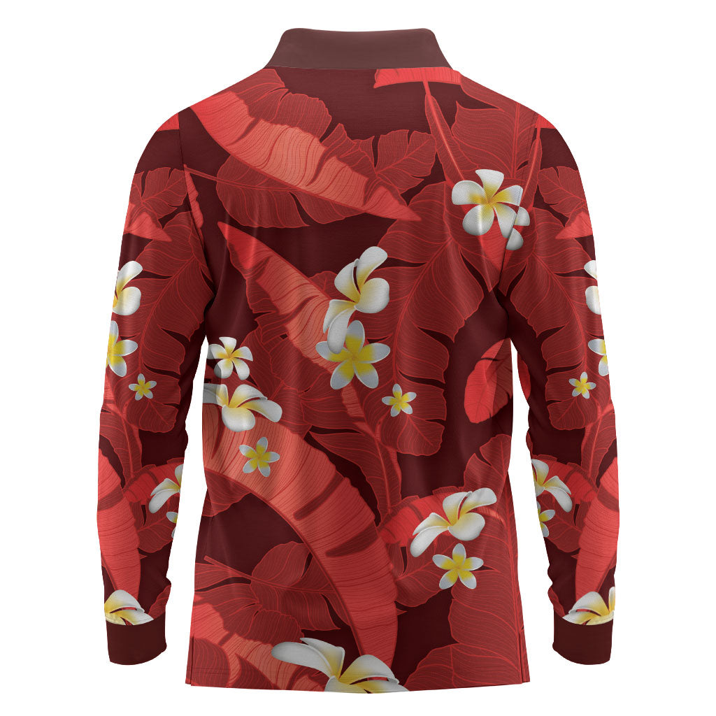 Red Banana Leaf Hawaii Long Sleeve Polo Shirt Lau Maia Plumeria Tropical Summer Vibes LT14 - Polynesian Pride