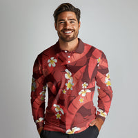 Red Banana Leaf Hawaii Long Sleeve Polo Shirt Lau Maia Plumeria Tropical Summer Vibes LT14 - Polynesian Pride
