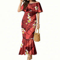 Red Banana Leaf Hawaii Mermaid Dress Lau Maia Plumeria Tropical Summer Vibes LT14 Women Red - Polynesian Pride