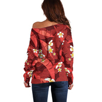Red Banana Leaf Hawaii Off Shoulder Sweater Lau Maia Plumeria Tropical Summer Vibes LT14 - Polynesian Pride