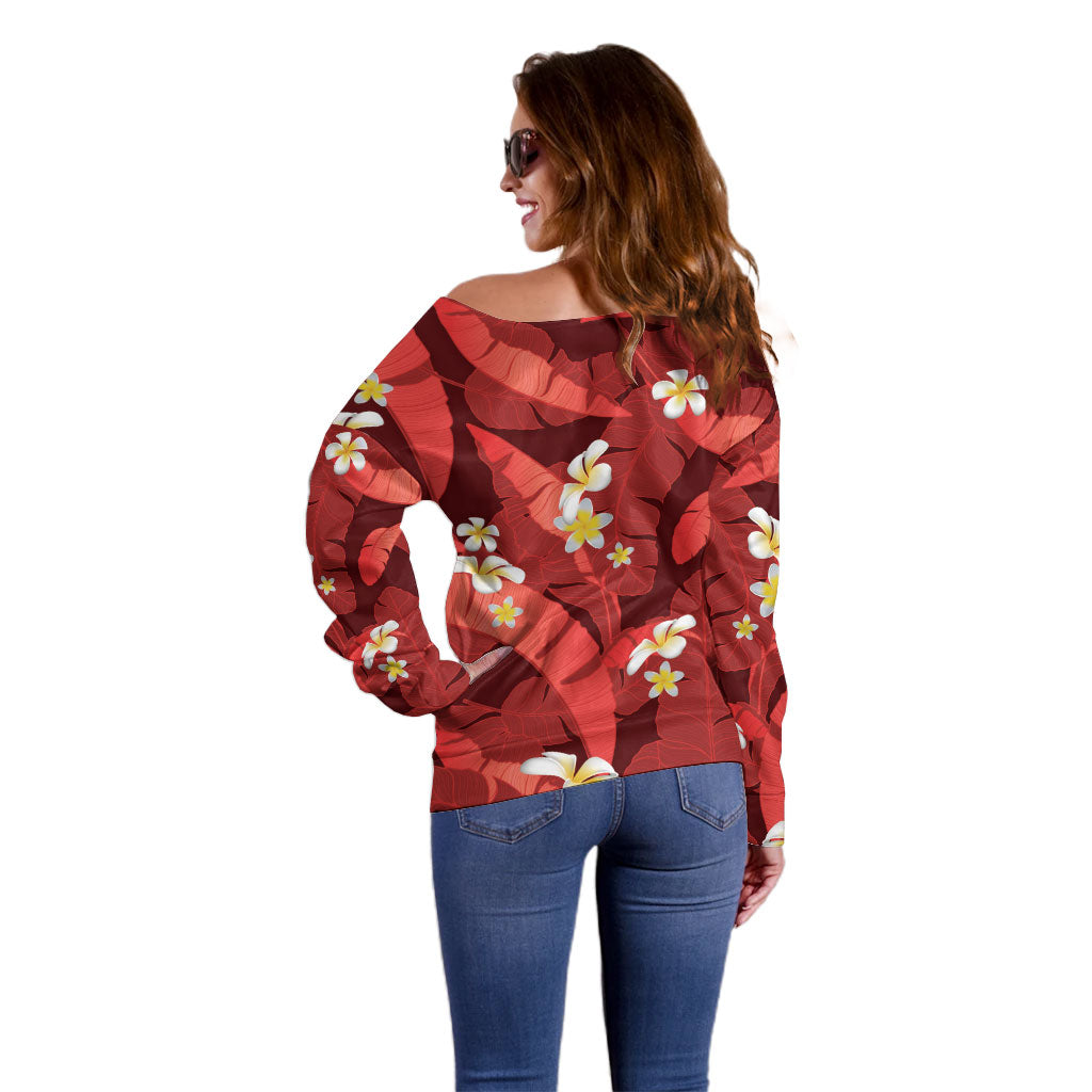 Red Banana Leaf Hawaii Off Shoulder Sweater Lau Maia Plumeria Tropical Summer Vibes LT14 - Polynesian Pride