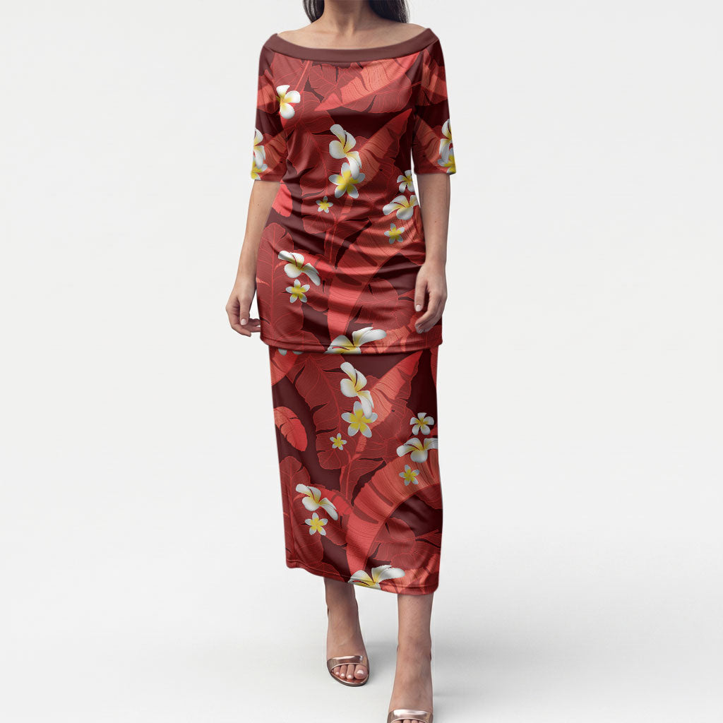 Red Banana Leaf Hawaii Puletasi Lau Maia Plumeria Tropical Summer Vibes LT14 Long Dress Red - Polynesian Pride