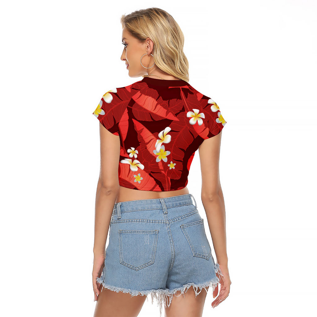 Red Banana Leaf Hawaii Raglan Cropped T Shirt Lau Maia Plumeria Tropical Summer Vibes LT14 - Polynesian Pride