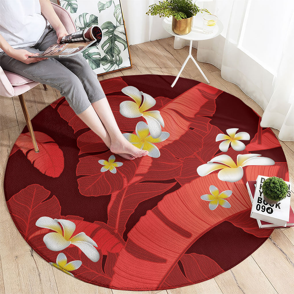 Red Banana Leaf Hawaii Round Carpet Lau Maia Plumeria Tropical Summer Vibes LT14 - Polynesian Pride