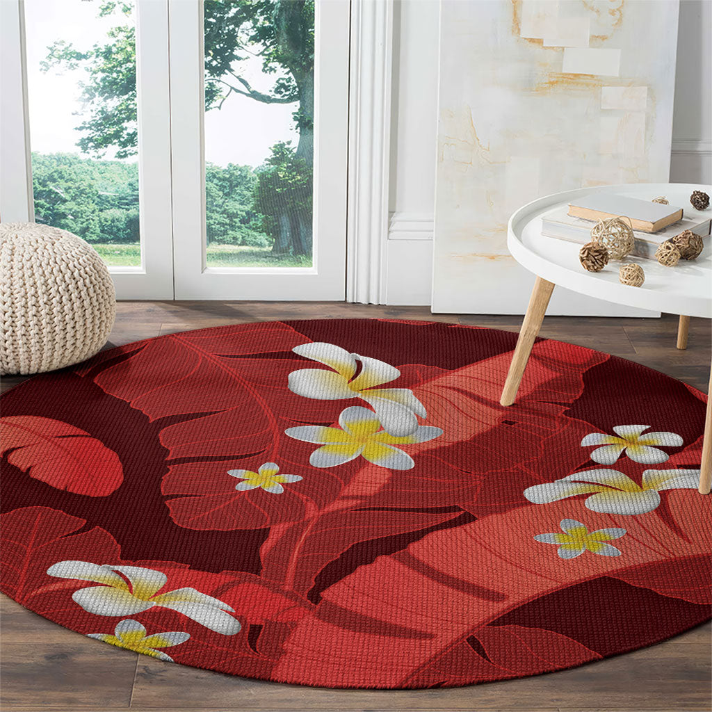 Red Banana Leaf Hawaii Round Carpet Lau Maia Plumeria Tropical Summer Vibes LT14 - Polynesian Pride
