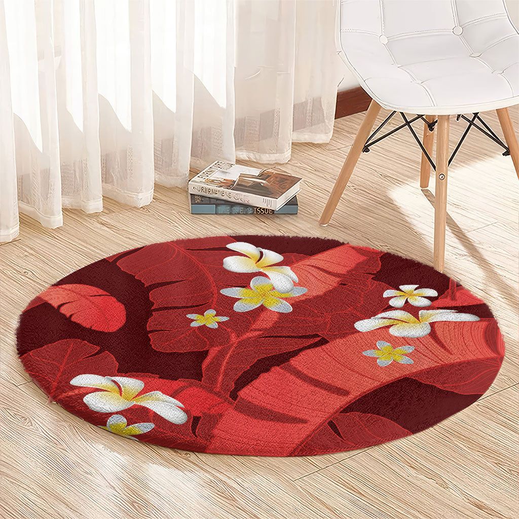 Red Banana Leaf Hawaii Round Carpet Lau Maia Plumeria Tropical Summer Vibes LT14 - Polynesian Pride