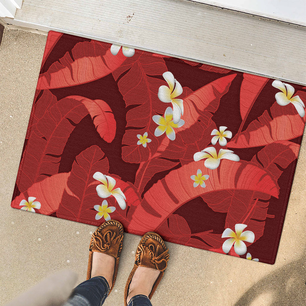 Red Banana Leaf Hawaii Rubber Doormat Lau Maia Plumeria Tropical Summer Vibes LT14 - Polynesian Pride