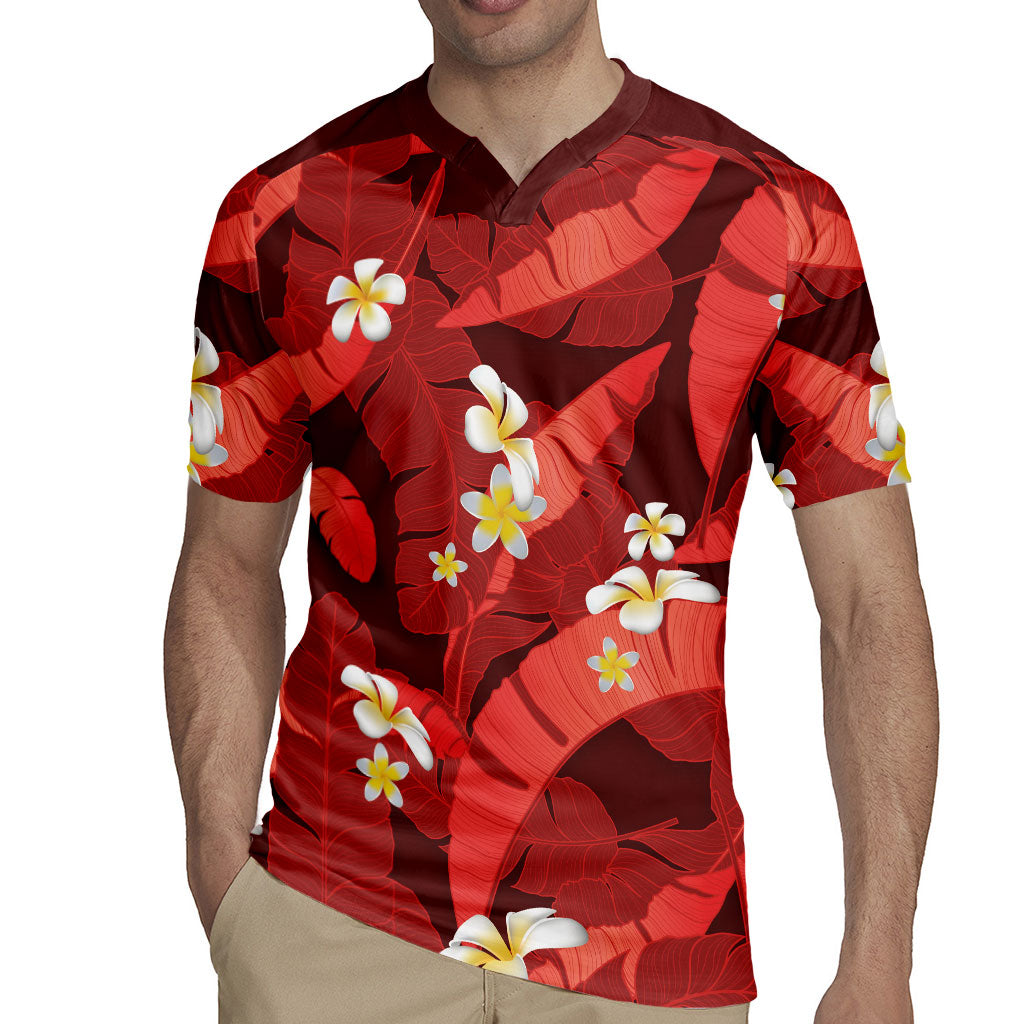 Red Banana Leaf Hawaii Rugby Jersey Lau Maia Plumeria Tropical Summer Vibes LT14 - Polynesian Pride