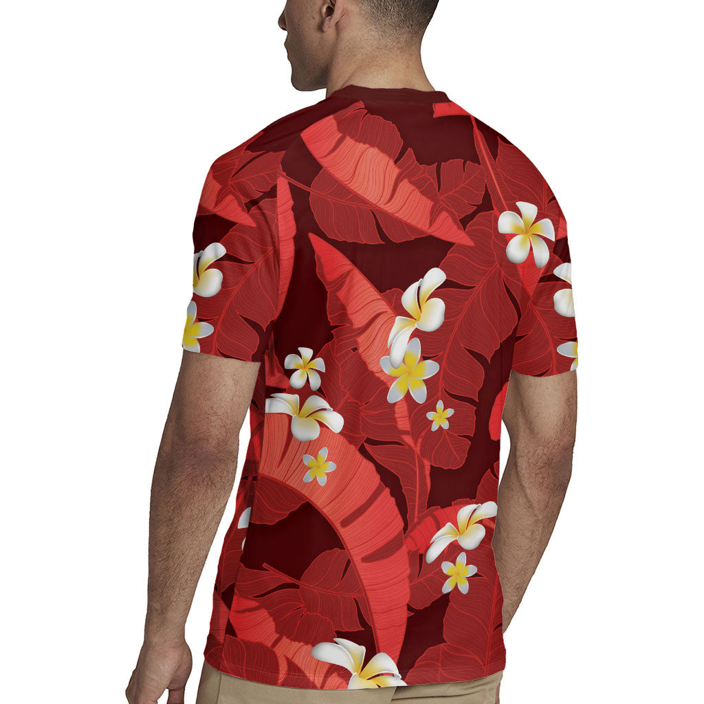 Red Banana Leaf Hawaii Rugby Jersey Lau Maia Plumeria Tropical Summer Vibes LT14 - Polynesian Pride