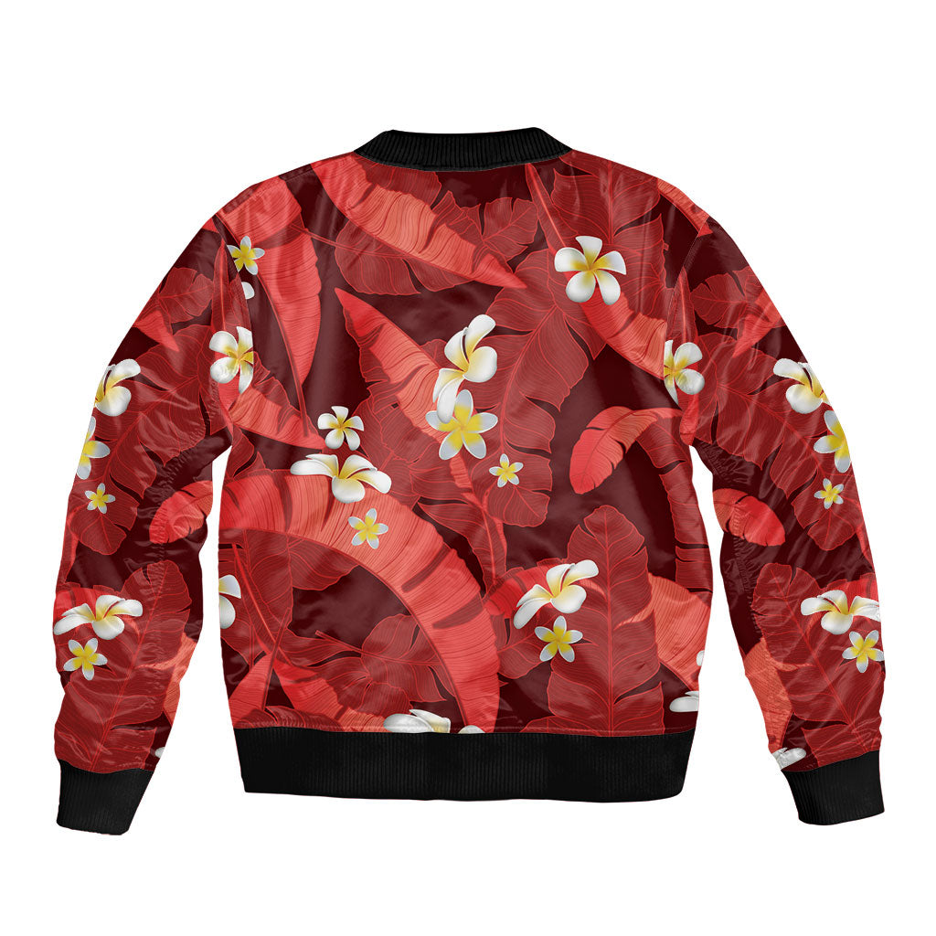 Red Banana Leaf Hawaii Sleeve Zip Bomber Jacket Lau Maia Plumeria Tropical Summer Vibes LT14 - Polynesian Pride