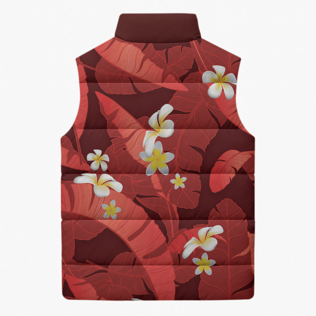 Red Banana Leaf Hawaii Sleeveless Puffer Jacket Lau Maia Plumeria Tropical Summer Vibes LT14 - Polynesian Pride