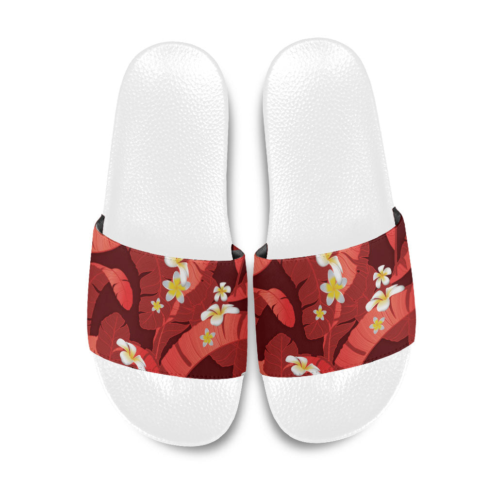 Red Banana Leaf Hawaii Slide Sandals Lau Maia Plumeria Tropical Summer Vibes LT14 Red - Polynesian Pride