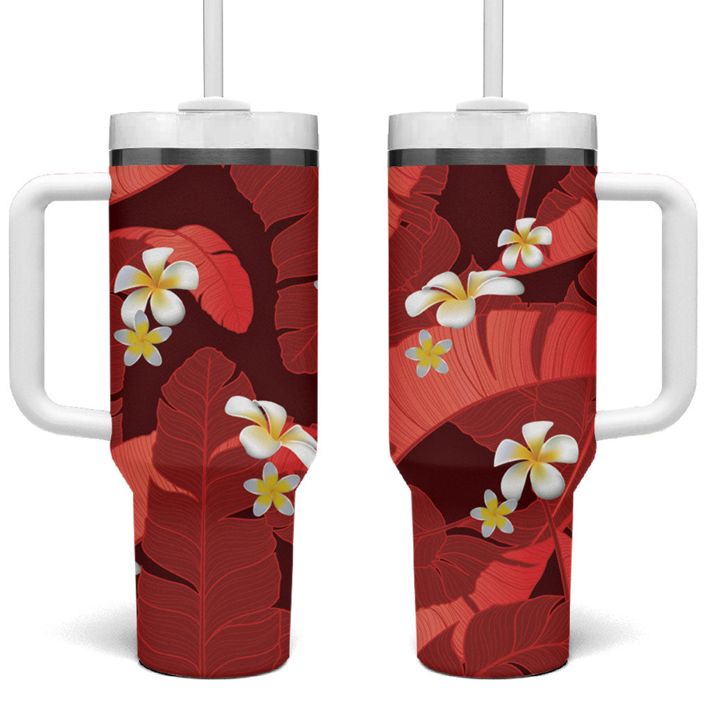 Red Banana Leaf Hawaii Tumbler With Handle Lau Maia Plumeria Tropical Summer Vibes LT14 One Size: 40 oz Red - Polynesian Pride