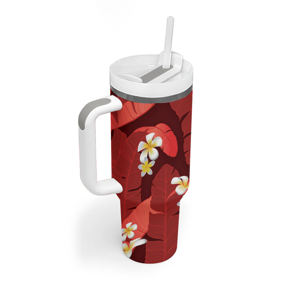 Red Banana Leaf Hawaii Tumbler With Handle Lau Maia Plumeria Tropical Summer Vibes LT14 - Polynesian Pride