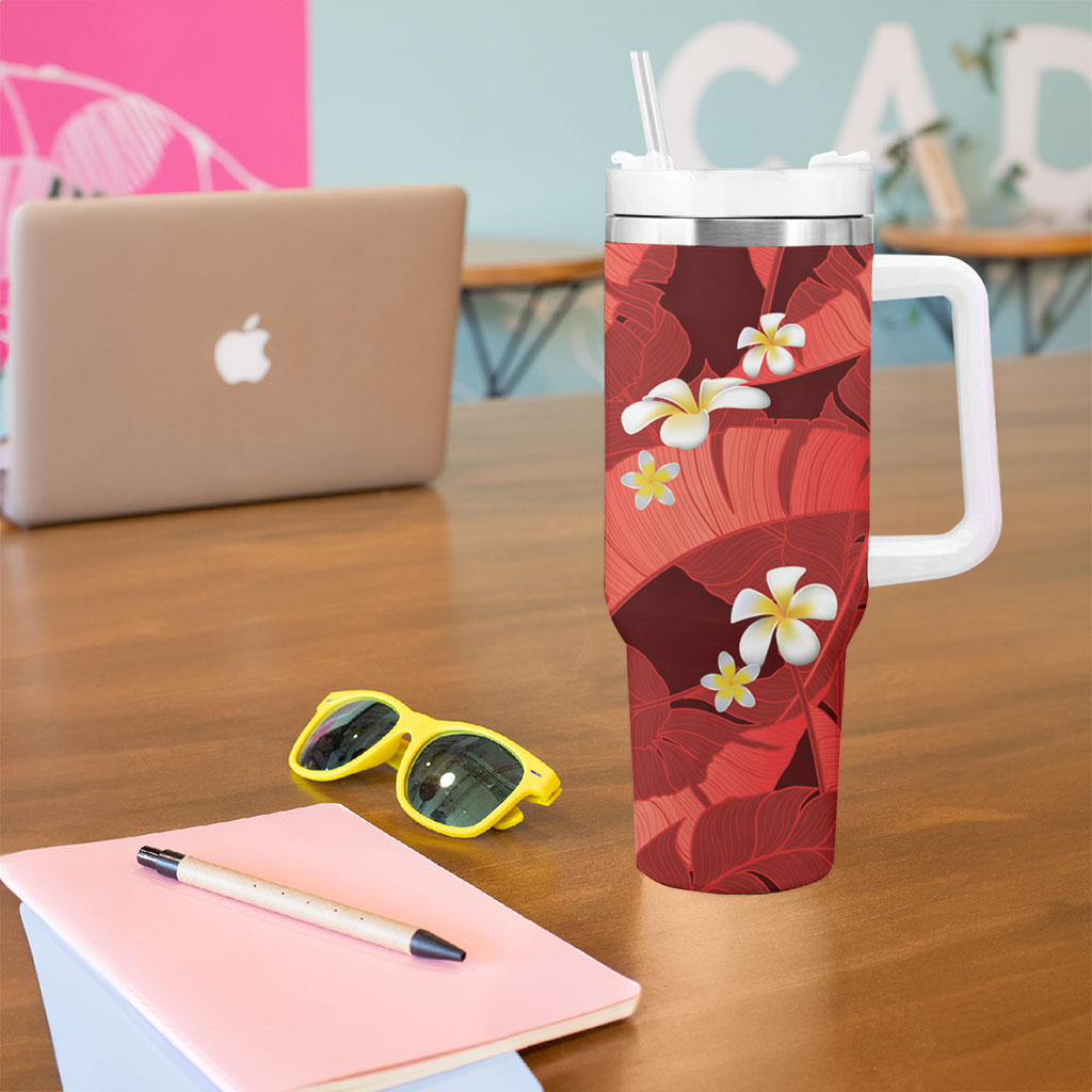 Red Banana Leaf Hawaii Tumbler With Handle Lau Maia Plumeria Tropical Summer Vibes LT14 - Polynesian Pride