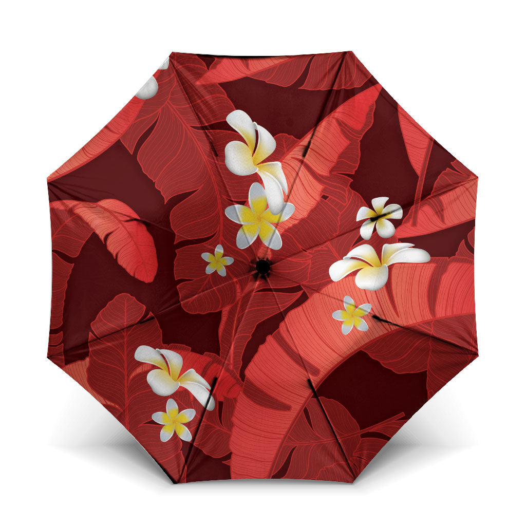 Red Banana Leaf Hawaii Umbrella Lau Maia Plumeria Tropical Summer Vibes LT14 One Size Folded 11.42 inch Opened Diameter 37.4 inch Red - Polynesian Pride