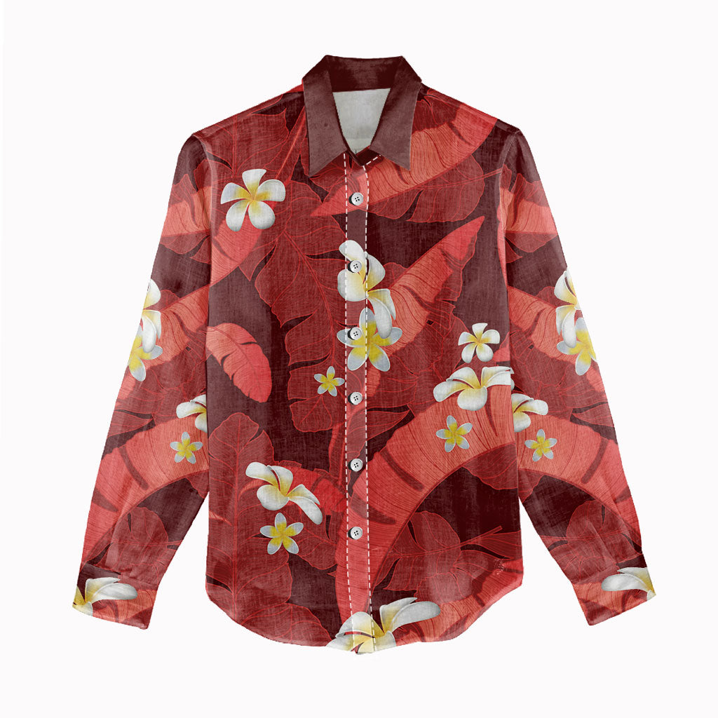 Red Banana Leaf Hawaii Women Casual Shirt Lau Maia Plumeria Tropical Summer Vibes LT14 - Polynesian Pride