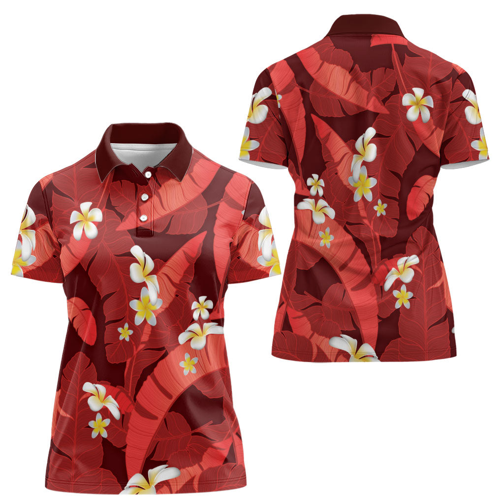Red Banana Leaf Hawaii Women Polo Shirt Lau Maia Plumeria Tropical Summer Vibes LT14 - Polynesian Pride