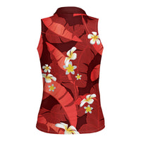 Red Banana Leaf Hawaii Women Sleeveless Polo Shirt Lau Maia Plumeria Tropical Summer Vibes LT14 - Polynesian Pride