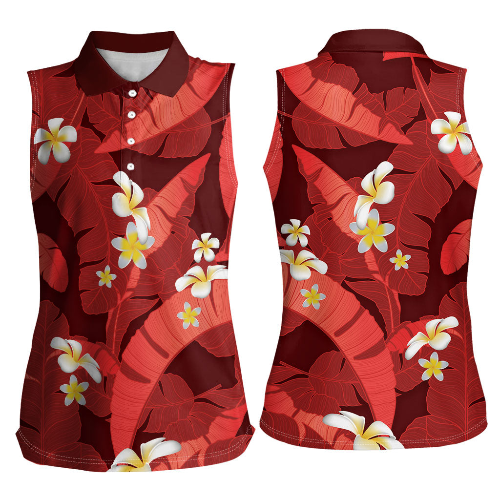 Red Banana Leaf Hawaii Women Sleeveless Polo Shirt Lau Maia Plumeria Tropical Summer Vibes LT14 - Polynesian Pride