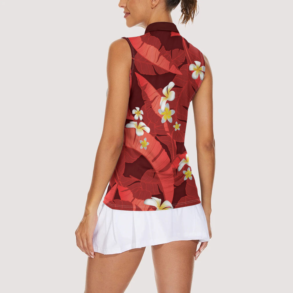 Red Banana Leaf Hawaii Women Sleeveless Polo Shirt Lau Maia Plumeria Tropical Summer Vibes LT14 - Polynesian Pride
