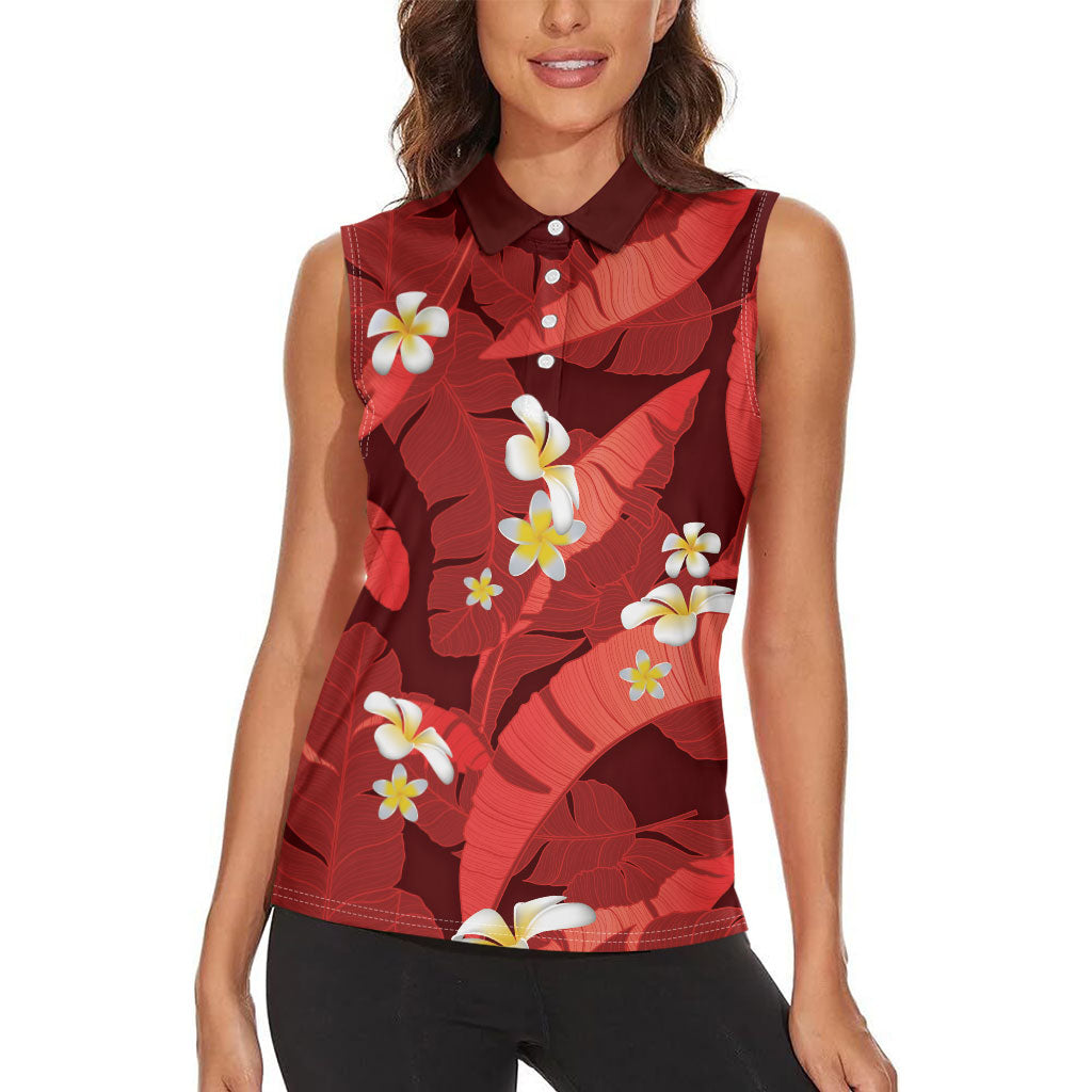 Red Banana Leaf Hawaii Women Sleeveless Polo Shirt Lau Maia Plumeria Tropical Summer Vibes LT14 - Polynesian Pride